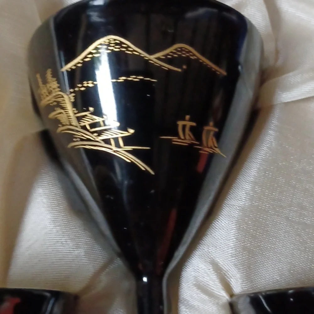 Japanese wooden lacquerware wine glass set and tray in box, vintage